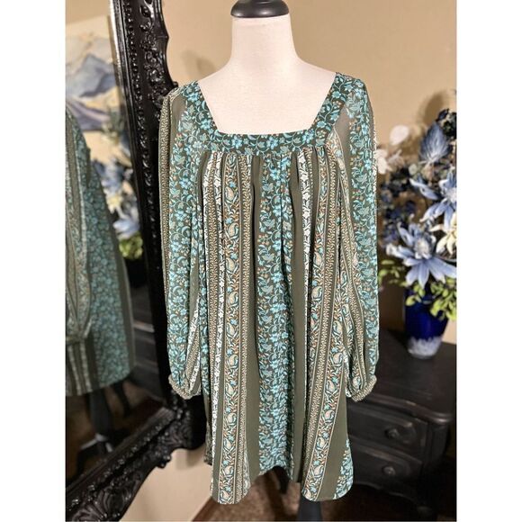 Anthropologie Blouson Sleeve Green Floral Mini Dress Size Small - Picture 1 of 5